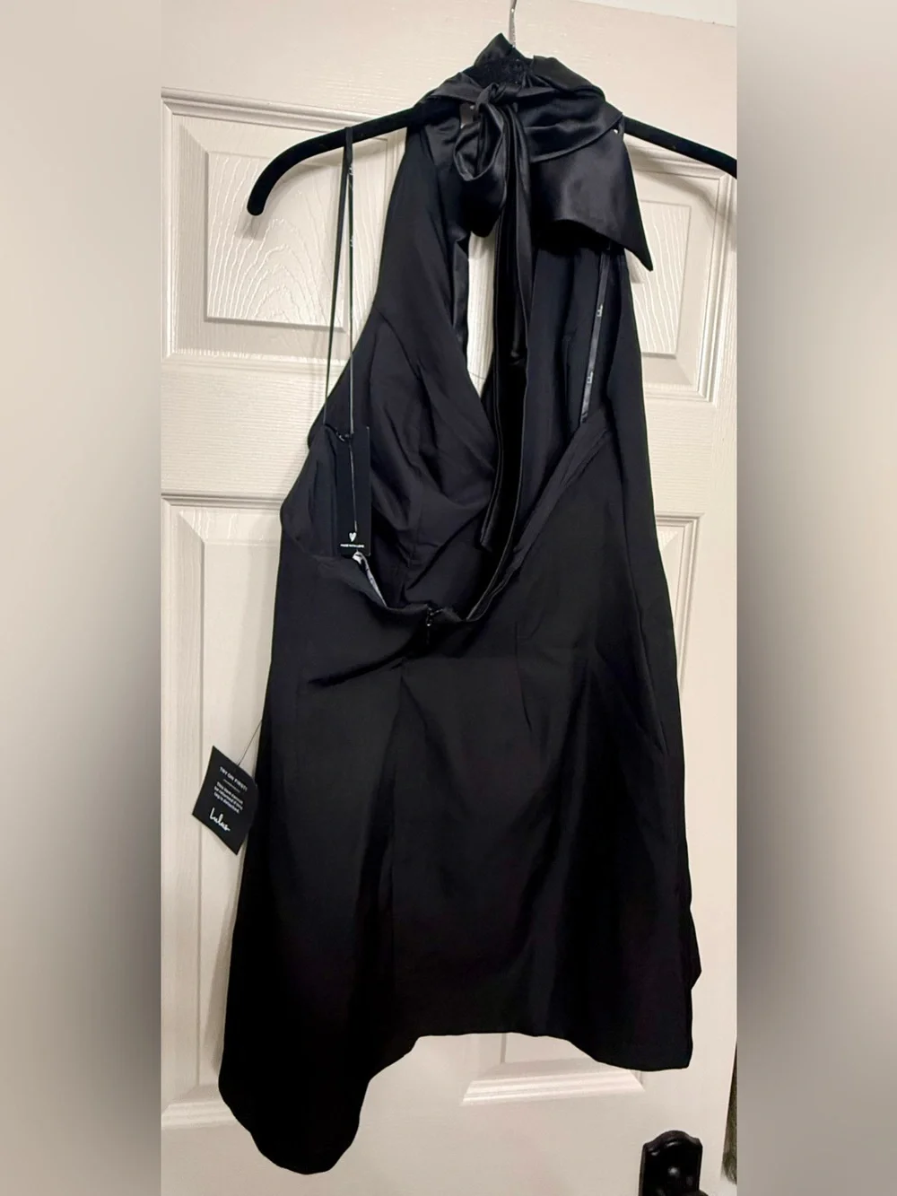Lulus Satin Cowl Neck Halter A Line Mini Dress in Black -NWT